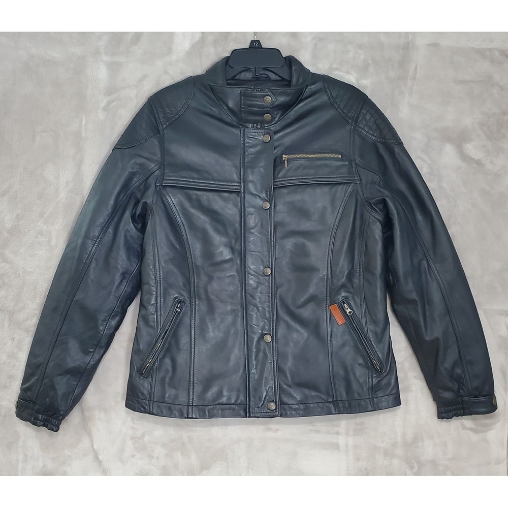 Outback Trading Company Womens‎ L Genuine Leather Jacket Black JUNEE Lined EUC
